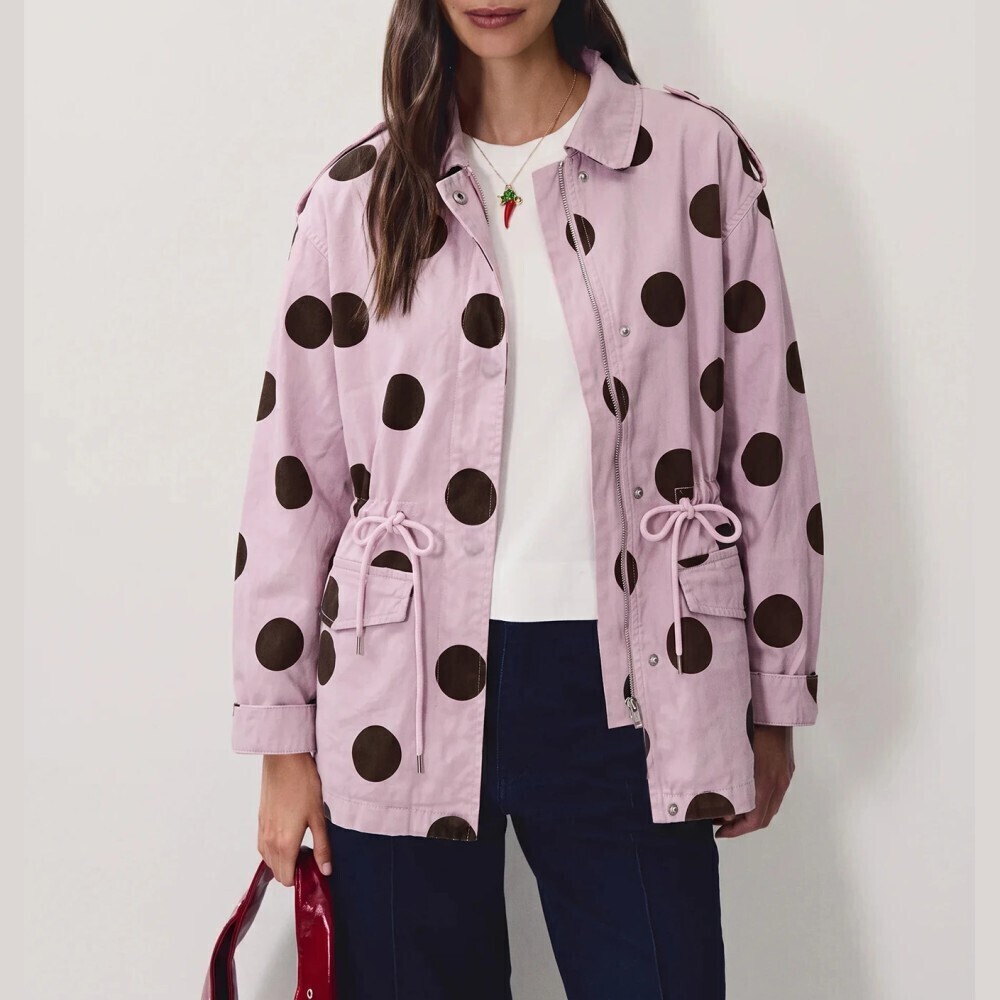 Pink Polka Dot Denim Jacket with Drawstring Waist and Cargo Pockets